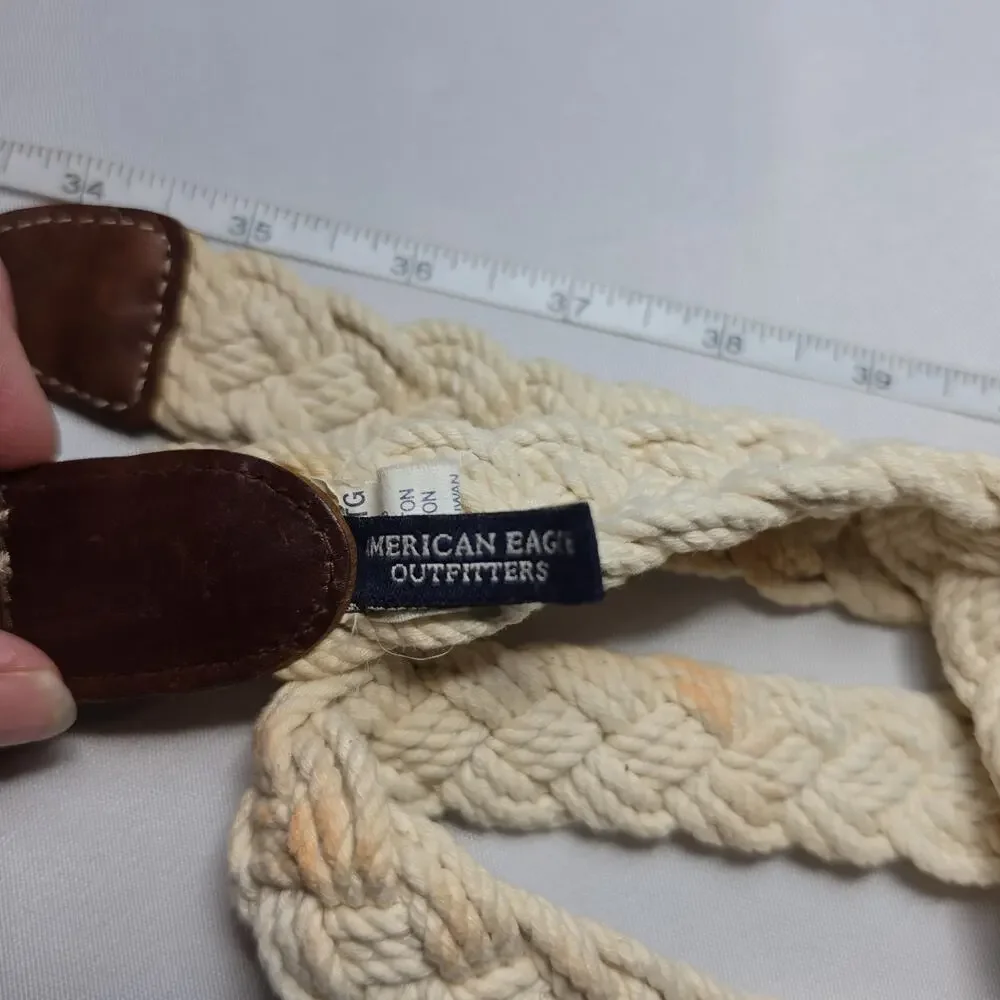 Belt Womens American Eagle Outfitters White Braided Rope Brown Leather Sz L-XL